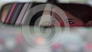 Woman pulled over, rear view mirror 1080p hd