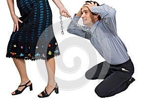 Woman pulling a businessman