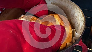 woman pulling out a fresh baked bread from the oven