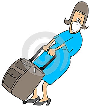 Woman pulling a suitcase and wearing a face mask