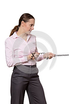 Woman pulling a telephone wire