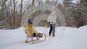 woman is pulling wooden sledge with little child inside, walking in forest in winter