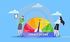 Woman pulls credit score arrow gauge speedometer indicator with color levels.