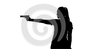 Woman pulls out from behind the gun. Silhouette. White