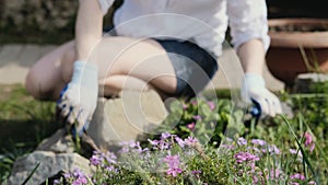 A woman pulls out weeds in a garden bed with her hands. Countryside. Summer weather. Manor.