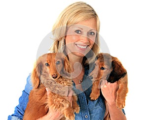 Woman and puppies.