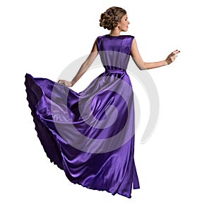 Woman Purple Dress, Fashion Model in Long Fluttering Gown, Back Rear view on White photo