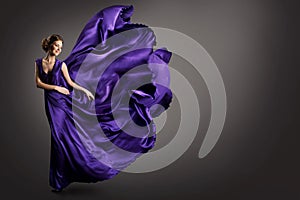 Woman Purple Dress, Fashion Model in Long Silk Gown Waving Cloth on Wind, Fantasy Girl in Flying Fluttering Fabric