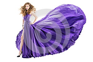 Woman Purple Dress, Fashion Model in Long Waving Fluttering Gown