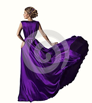 Woman Purple Dress, Fashion Model in Silk Gown, Waving Fabric, White Background