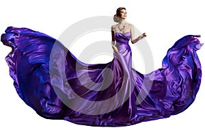 Woman Purple Dress Flying on Wind, Beautiful Fashion Model in Fluttering Gown on white
