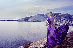 Woman Purple Dress, Looking Mountains Sea, Elegant Girl on Coast