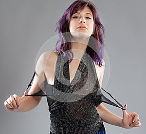 Woman With Purple Hair and Sparkly Top