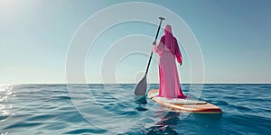 Woman in a purple hijab on a stand up paddle board in the sea. AI generated.