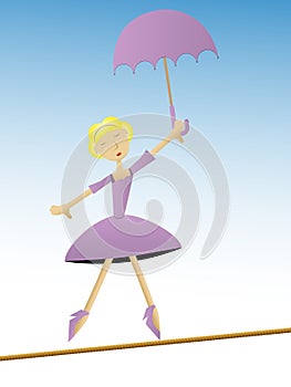 Una mujer en púrpura sostener un paraguas camina sobre el soga 