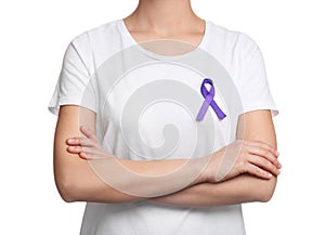 Woman with purple ribbon on white background. Domestic violence awareness