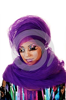 Woman with purple twill.