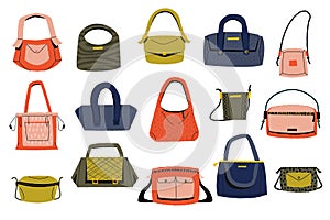 Woman purse. Cartoon girl handbag with different handles, elegant modern shoulder bag, clutch and wallet, female