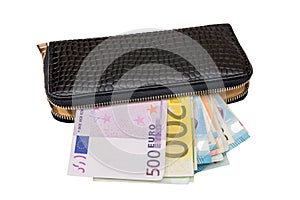 Woman purse with euro money, isolated on white.