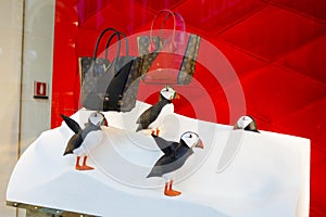 Woman purses shop with winter decoration