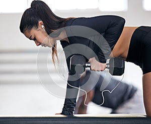 Woman, push up and dumbbell in gym for power, exercise and training for strong arm muscle. Female person, bodybuilder