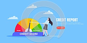 Woman pushes credit score arrow gauge speedometer indicator with color levels.