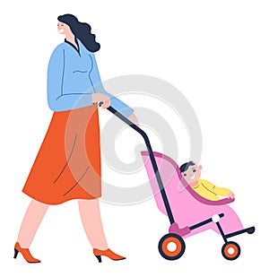 Woman pushing perambulator with small child in it