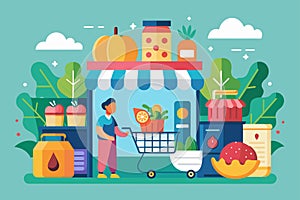 A woman pushing a shopping cart filled with groceries at a supermarket, Grocery shopping Customizable Flat Illustration