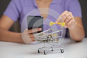 Woman pushing shopping cart full of coins and holding phone, concept investment fund finance and business