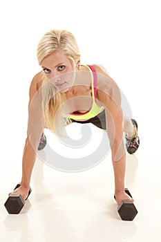 Woman pushup on weights up look