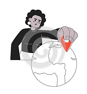 Woman put location pin on map monochrome concept vector spot illustration