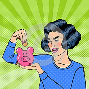 Woman Putting a Coin Into a Money Box. Pop Art