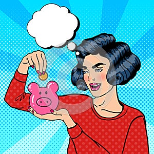 Woman Putting a Coin Into a Money Box. Pop Art