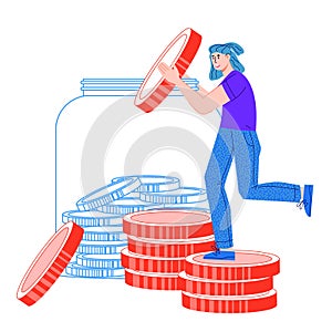 Woman putting coins in jar as concept of money economy and savings, wealth, cartoon vector