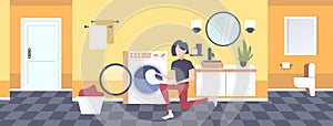 Woman putting dirty clothes into washing machine housewife doing housework modern laundry room interior cartoon