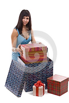Woman putting giftbox into package