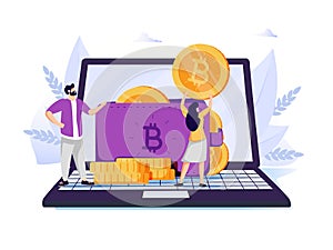Woman putting golden crypto coin into purse on laptop computer. Concept of personal Bitcoin wallet for cryptocurrency