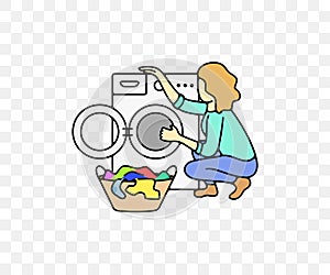 Woman putting, loading and pulls out clothes from washing machine, colored graphic design