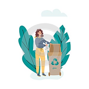 Woman putting plastic bottle in trash bin, sketch vector illustration isolated.