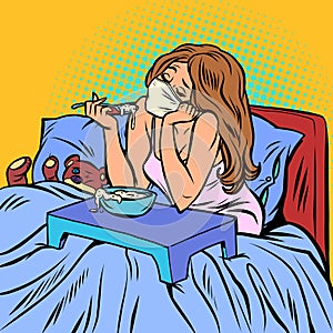 A woman in quarantine in self isolation, Breakfast alone