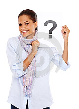 Woman with question mark poster, portrait and question with branding or advertising isolated on white background