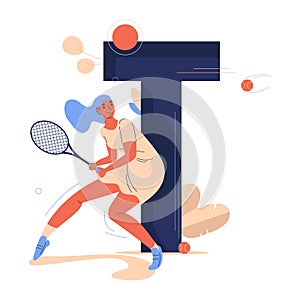 Woman with racket and flying ball ready for strike during tennis match. Large letter T drawn with blue. Female character in sporty