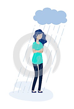 Woman rain cloud. Depressed girl feeling lonely depression unhappy teen solitude sadness grief stress apathy vector