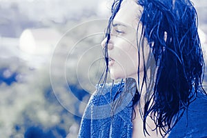 Woman in rain. Picture emotion woman. Sad female mood. Woman emotions. Cry.
