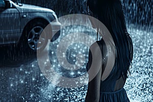 woman in rain, staring at a flat tire with no spare