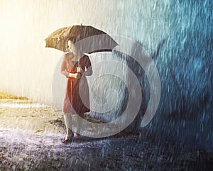 Woman in rain storm with shadow