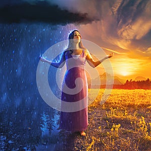 Woman in rain and sun