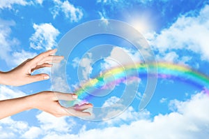 Woman and rainbow as source of healing energy on sunny day