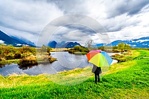 Woman with a rainbow colored Umbrella under dark rain clouds on a cold spring day at the lagoons of Pitt-Addington Marsh