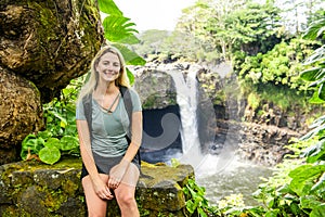 A Woman at The Rainbow Falls, Hilo, Wailuku River State Park, Big Island, Hawaii